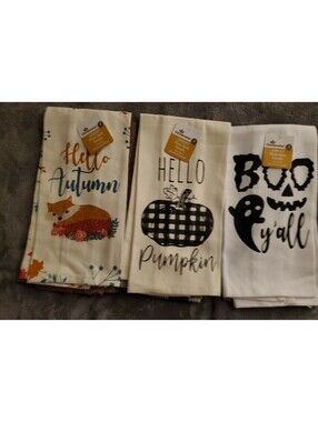 (6) Halloween Pumpkin Turkey Fall Harvest Kitchen Dish Towel Set Cotton 15x25
